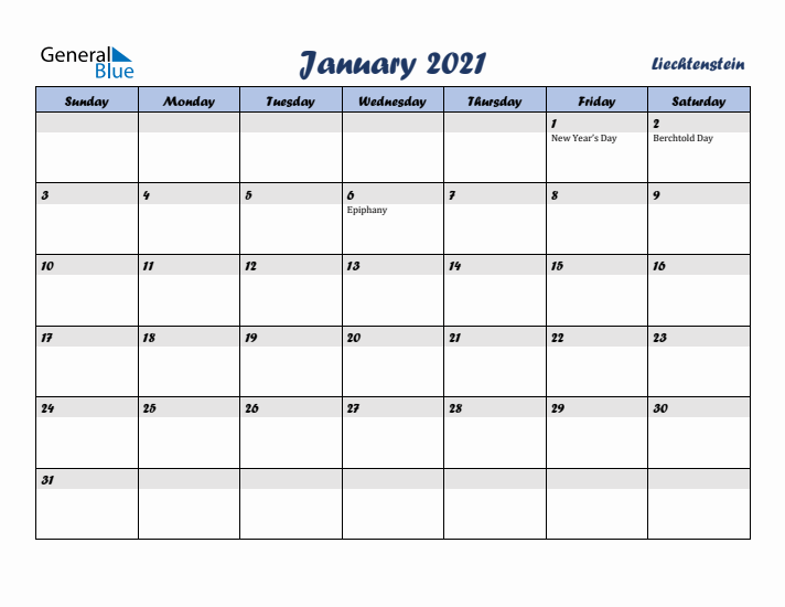January 2021 Calendar with Holidays in Liechtenstein