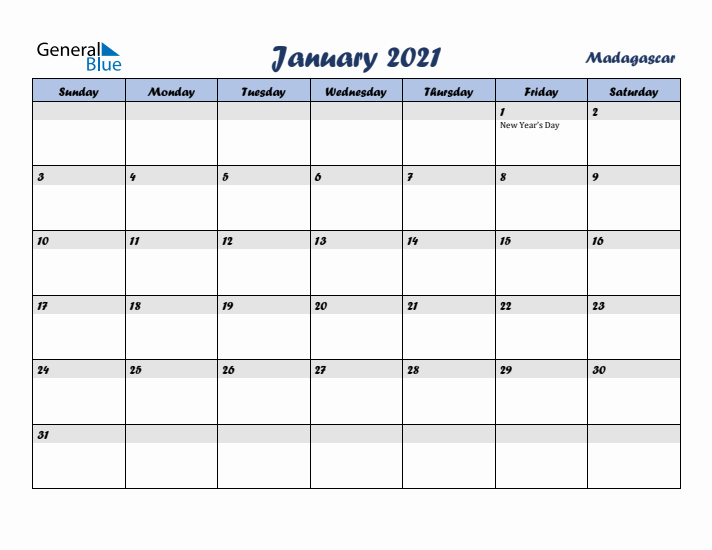 January 2021 Calendar with Holidays in Madagascar