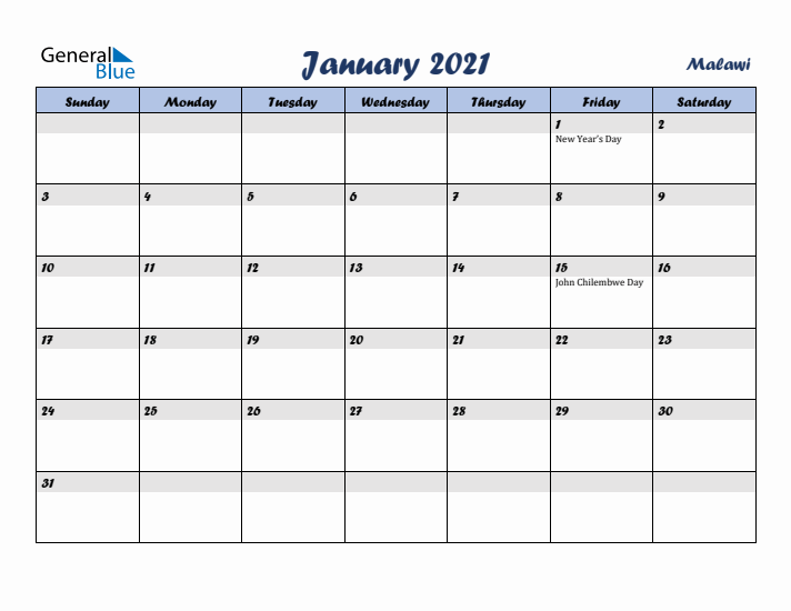 January 2021 Calendar with Holidays in Malawi