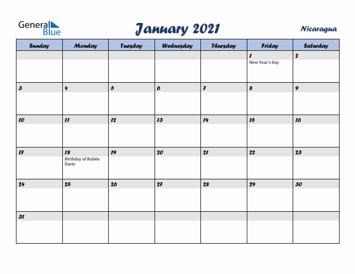 January 2021 Calendar with Holidays in Nicaragua