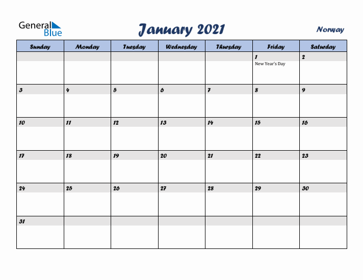 January 2021 Calendar with Holidays in Norway