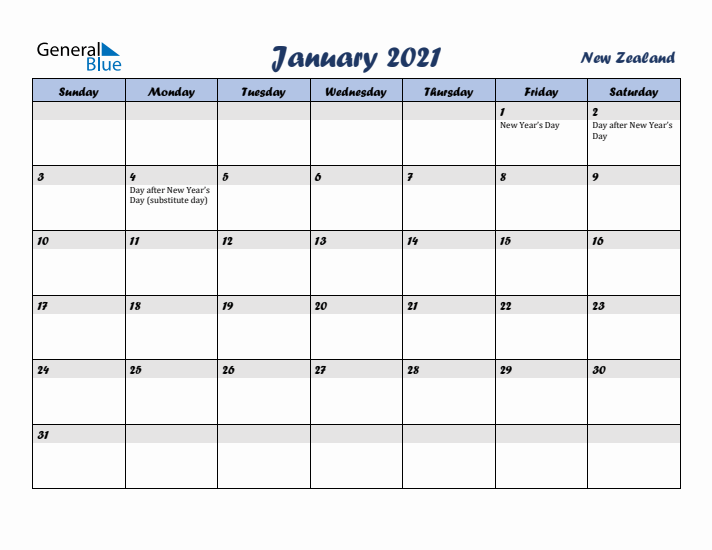 January 2021 Calendar with Holidays in New Zealand