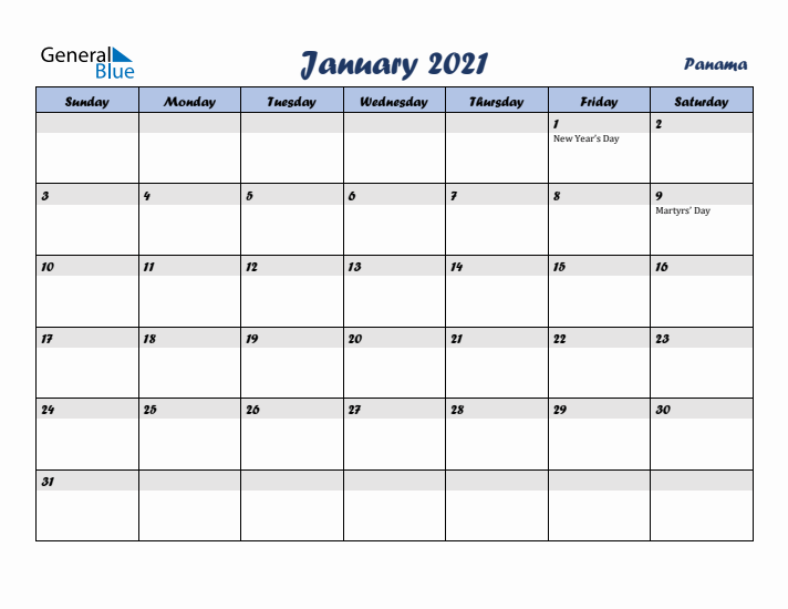 January 2021 Calendar with Holidays in Panama