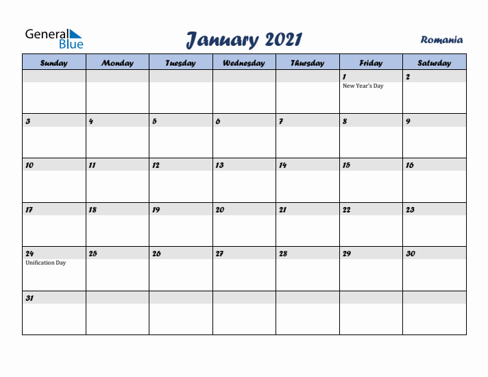 January 2021 Calendar with Holidays in Romania