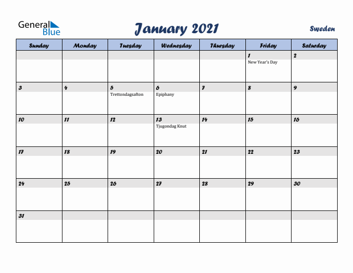 January 2021 Calendar with Holidays in Sweden