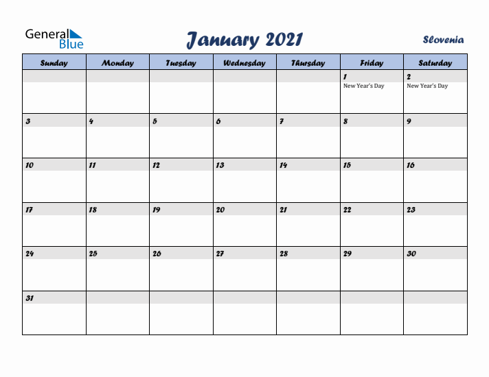 January 2021 Calendar with Holidays in Slovenia
