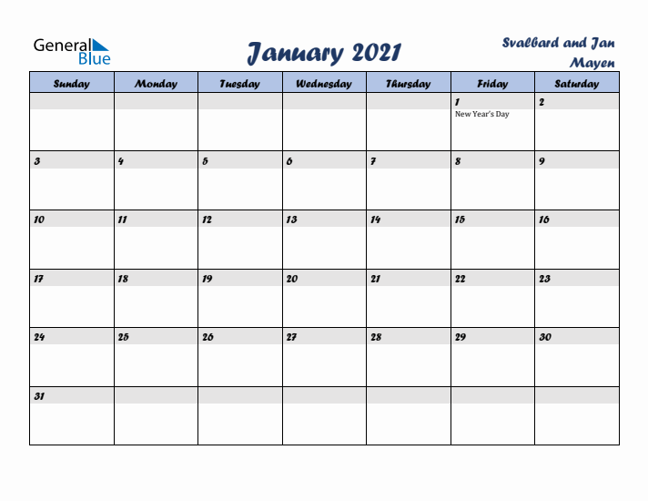 January 2021 Calendar with Holidays in Svalbard and Jan Mayen