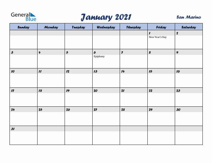 January 2021 Calendar with Holidays in San Marino