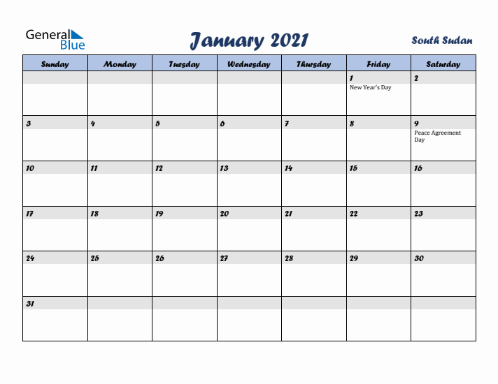 January 2021 Calendar with Holidays in South Sudan