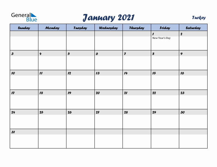 January 2021 Calendar with Holidays in Turkey