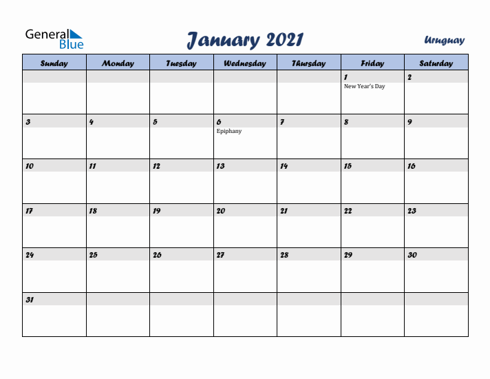 January 2021 Calendar with Holidays in Uruguay