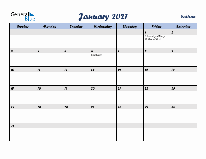 January 2021 Calendar with Holidays in Vatican