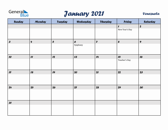 January 2021 Calendar with Holidays in Venezuela