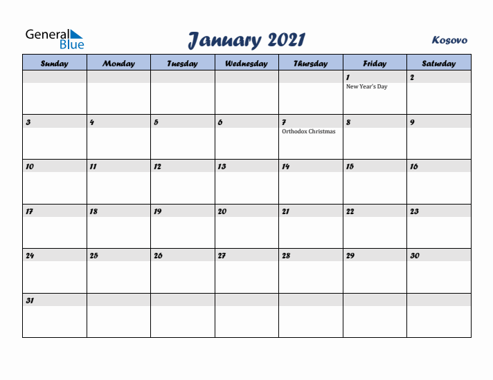 January 2021 Calendar with Holidays in Kosovo