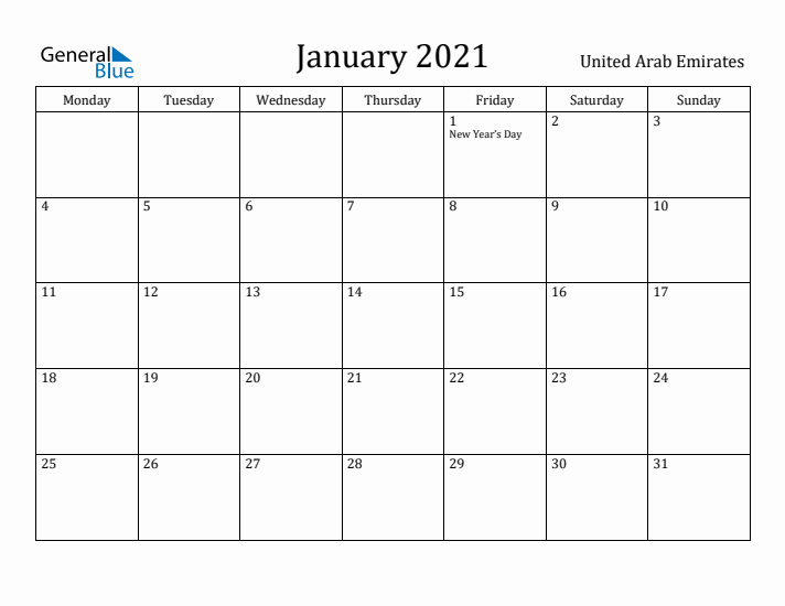 January 2021 Calendar United Arab Emirates