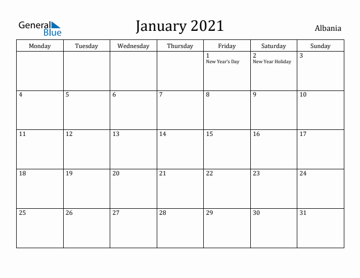 January 2021 Calendar Albania
