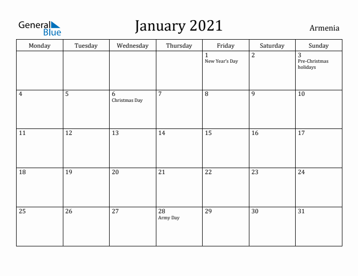 January 2021 Calendar Armenia