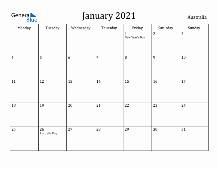 January 2021 Calendar Australia