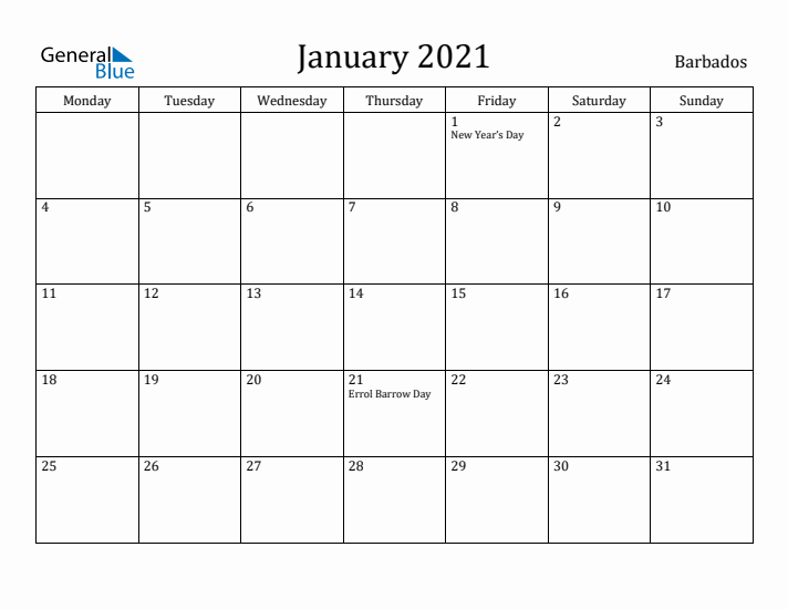 January 2021 Calendar Barbados