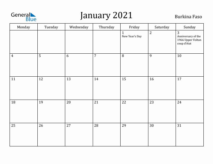 January 2021 Calendar Burkina Faso
