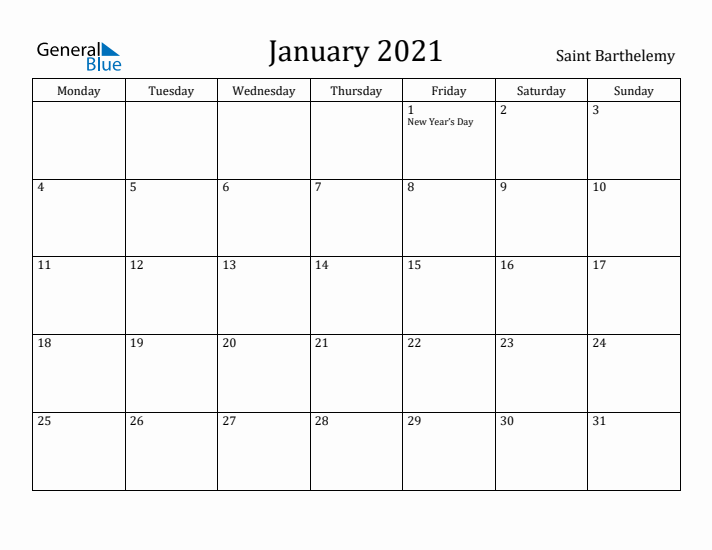 January 2021 Calendar Saint Barthelemy