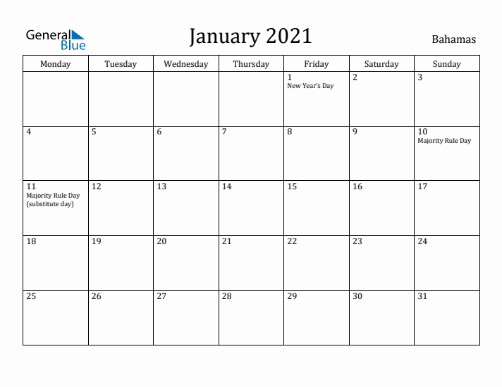 January 2021 Calendar Bahamas