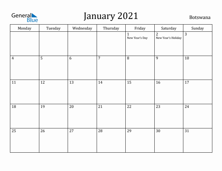 January 2021 Calendar Botswana