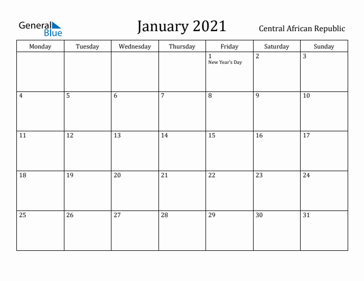 January 2021 Calendar Central African Republic
