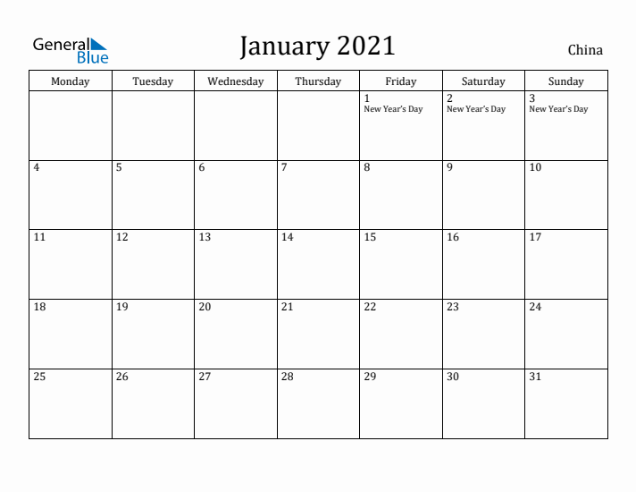 January 2021 Calendar China