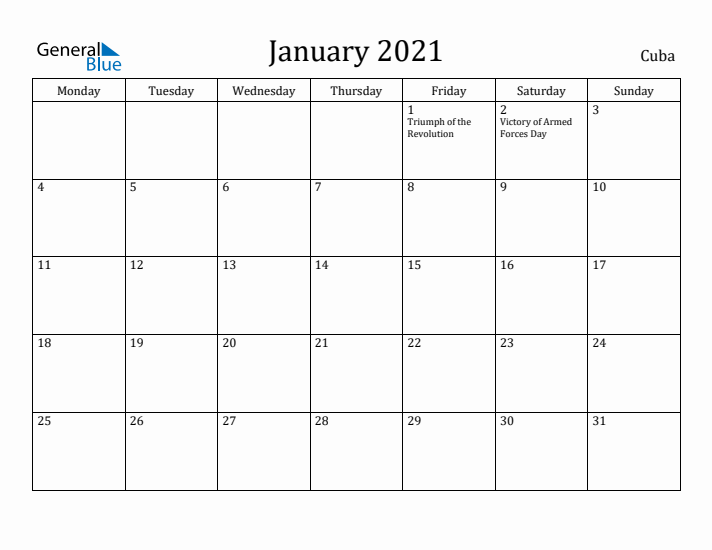 January 2021 Calendar Cuba