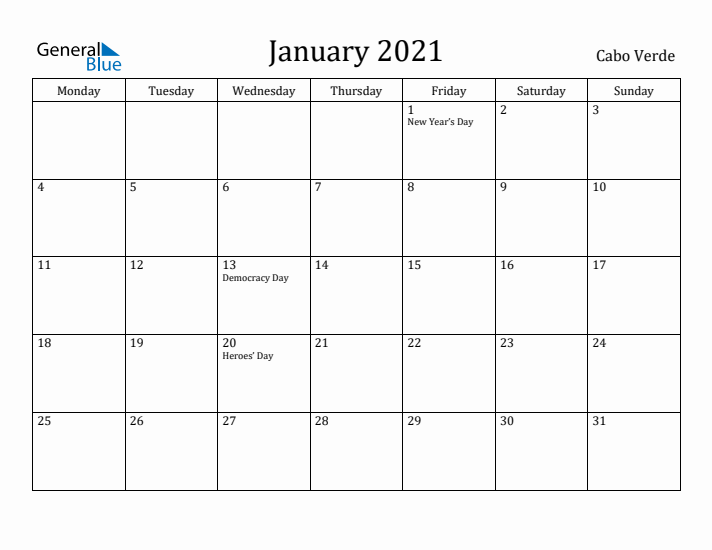 January 2021 Calendar Cabo Verde