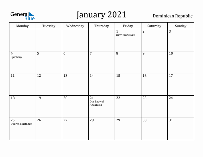 January 2021 Calendar Dominican Republic