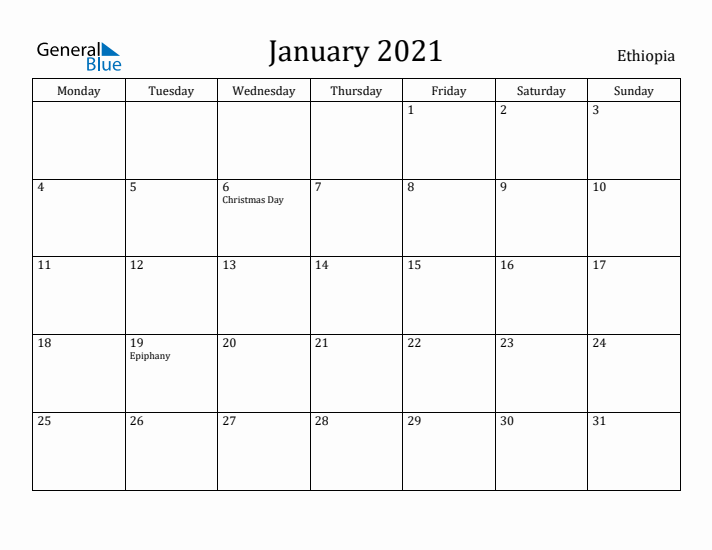 January 2021 Calendar Ethiopia