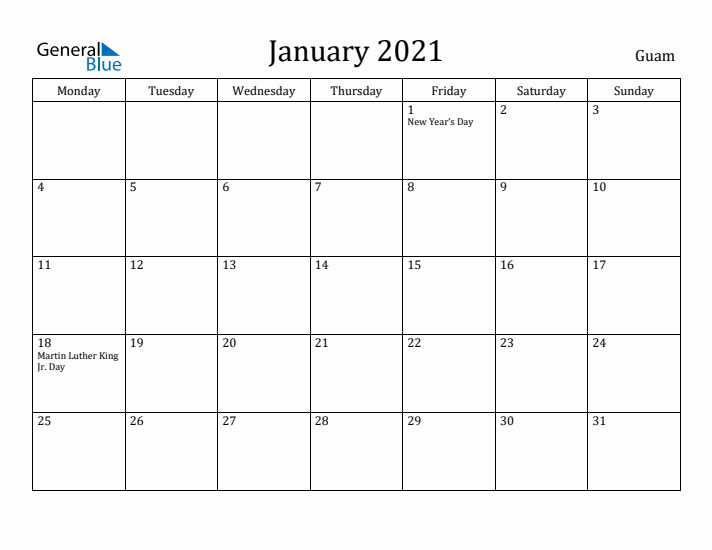 January 2021 Calendar Guam