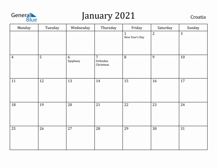 January 2021 Calendar Croatia