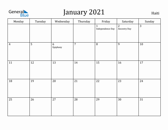 January 2021 Calendar Haiti