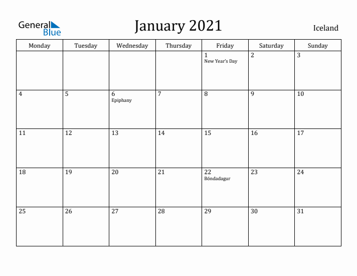 January 2021 Calendar Iceland