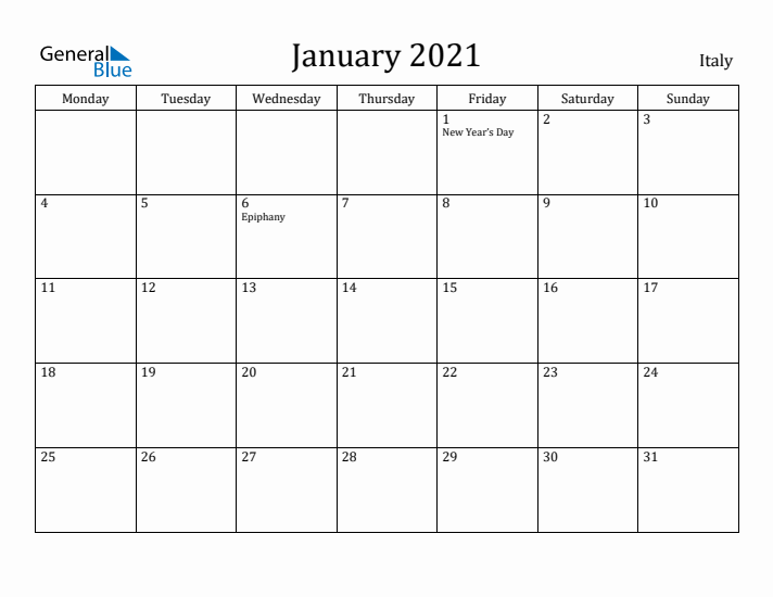 January 2021 Calendar Italy