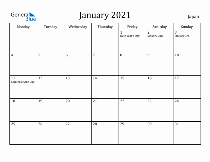 January 2021 Calendar Japan