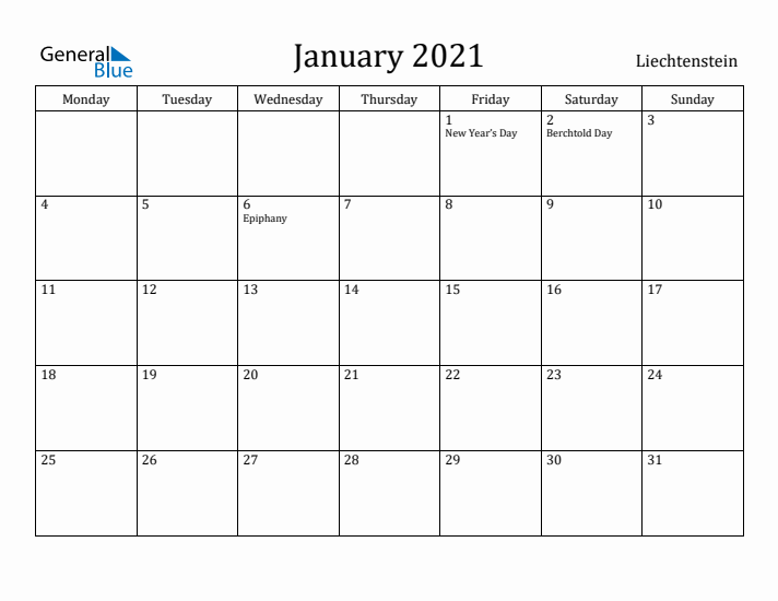 January 2021 Calendar Liechtenstein