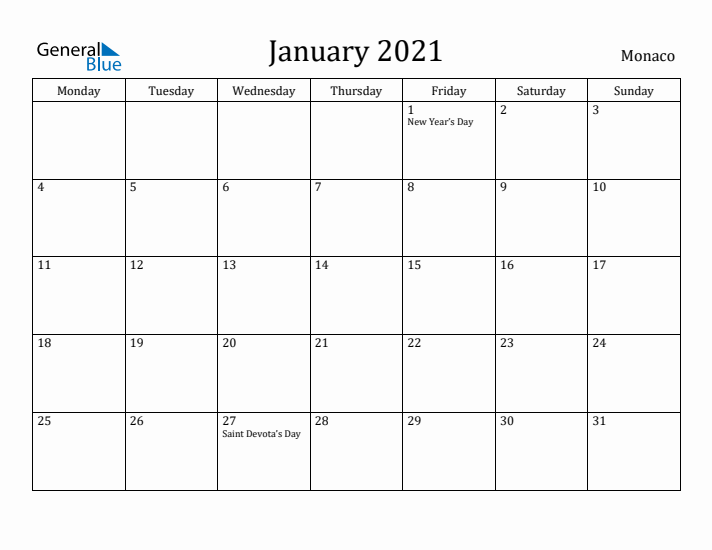 January 2021 Calendar Monaco