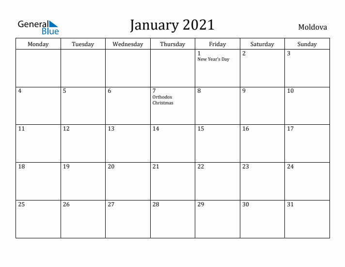 January 2021 Calendar Moldova