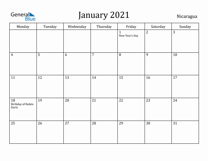 January 2021 Calendar Nicaragua