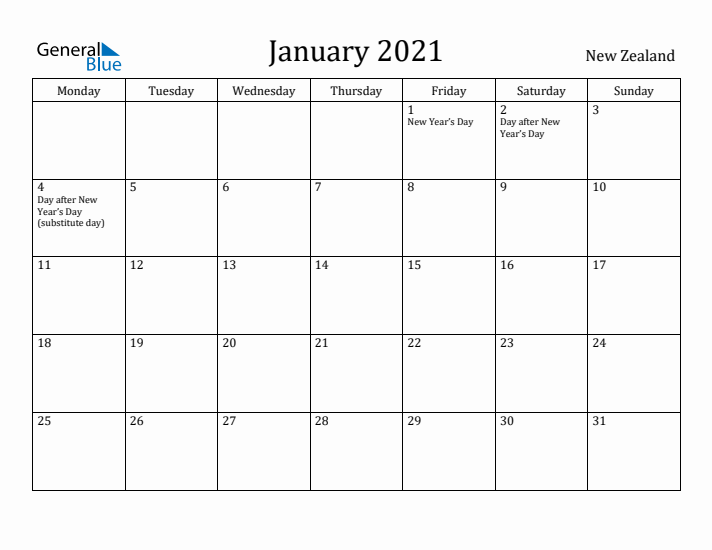 January 2021 Calendar New Zealand