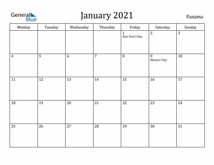 January 2021 Calendar Panama