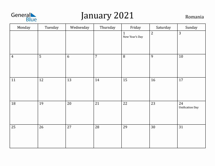January 2021 Calendar Romania