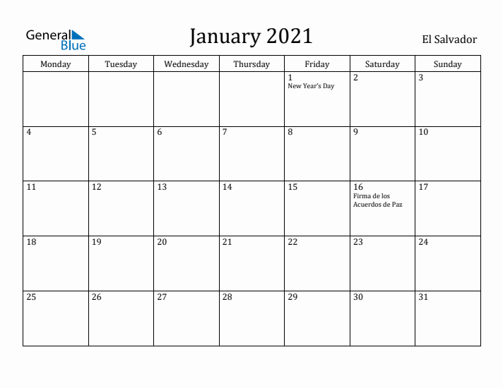 January 2021 Calendar El Salvador