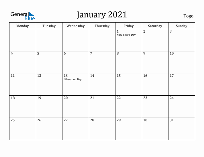 January 2021 Calendar Togo