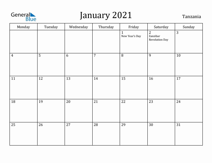 January 2021 Calendar Tanzania