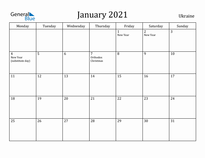 January 2021 Calendar Ukraine